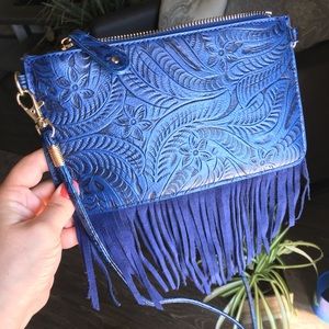Free People blue leather minicrossbody boho fringe